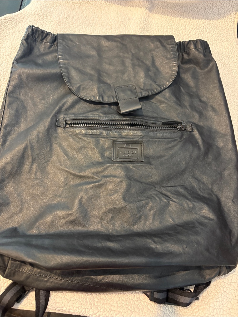 Gucci Black Leather Drawstring Flap Backpack